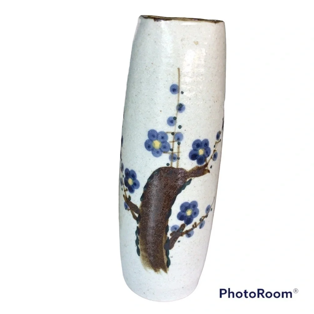 Studio pottery tall vase painted flower